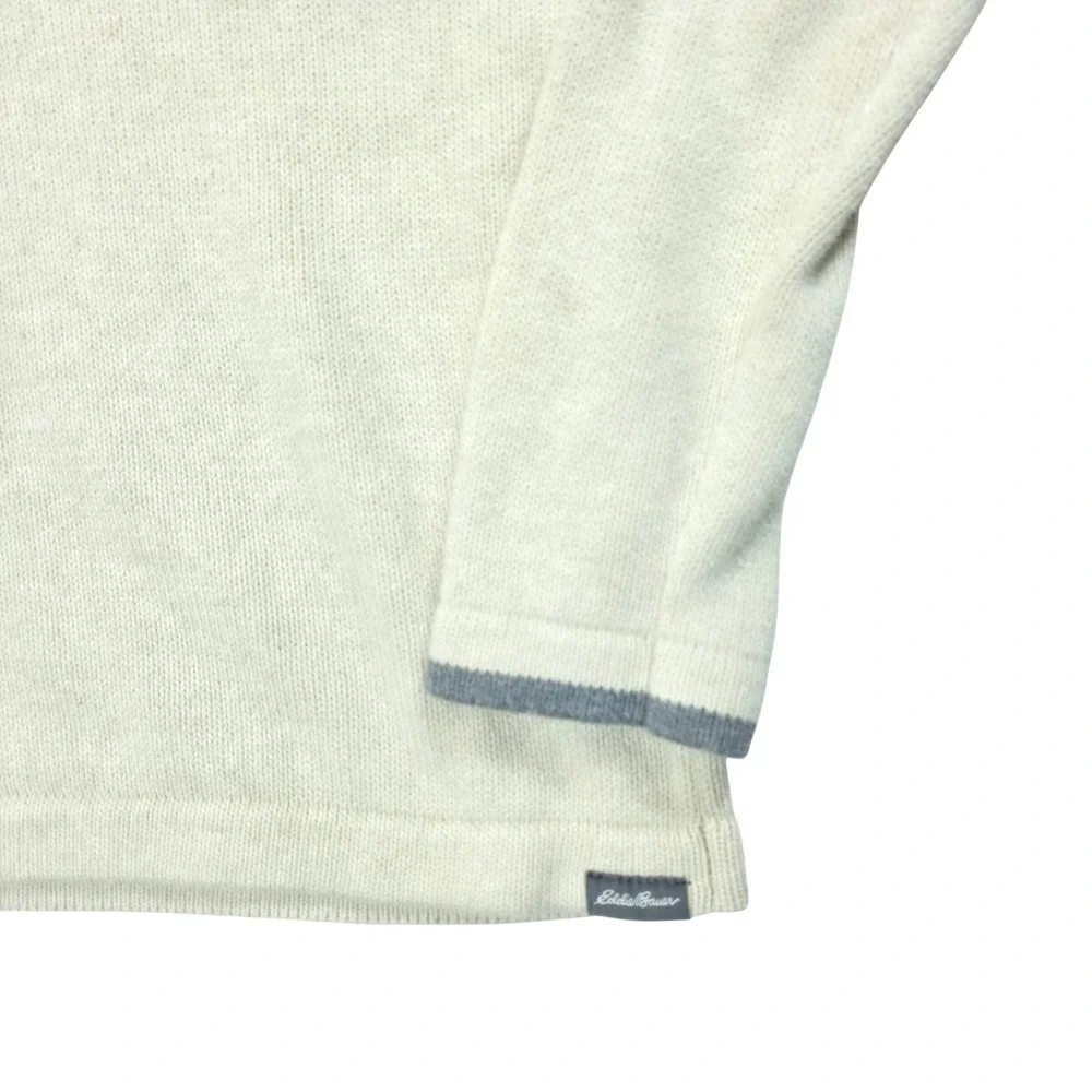 Eddie Bauer Mens Quarter Zip Sweater Small Grey Cream Striped 100% Cotton Knit